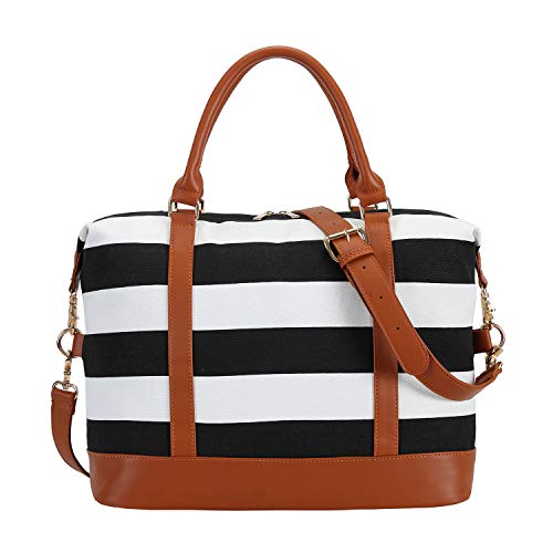 CAMTOP Women Ladies Weekender Travel Bag Canvas Overnight Carry-on Duffel Luggage Tote Bag (Big Stripe - Black)