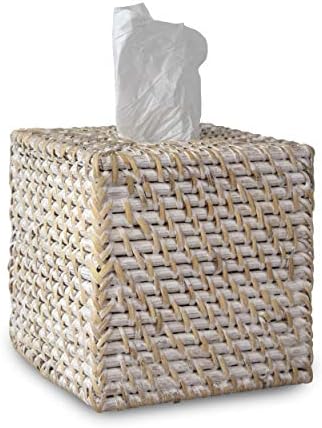 Woven Rattan Square Tissue Box Holder for Kitchen, Bathroom, Car | Decorative Wicker Refillable Facial Paper Napkin Dispenser Holder (Square Whitewash)