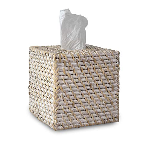 Square Whitewash Woven Rattan Square Tissue Box Holder for Kitchen, Bathroom, Car | Decorative Wicker Refillable Dispenser Holder with a Free Tissue Box