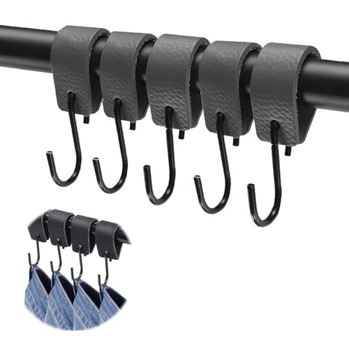 LUMOOM Lot de crochets en S avec boucle en cuir, crochets à vêtements noirs, crochets de cuisine, crochets de poussette, crochets en métal pour armoire, penderie, cuisine, salle de bain