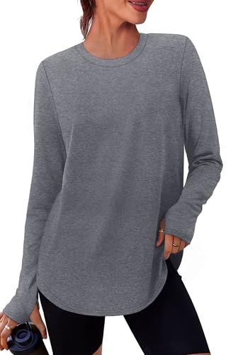 Long Sleeve Shirts for Women Crewneck Workout Tops for Running Hiking Yoga Pilates Outfits for Women UPF 50+ Sun Fishing Shirts with Thumb Holes Gray XL