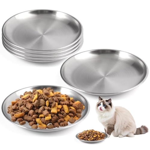 6 Pièces Gamelle pour Chat en Acier Inoxydable, 14cm Gamelle Chat INOX, Soulager la Fatigue des Moustaches, Facile à Nettoyer Gamelle Plate, pour Petits...