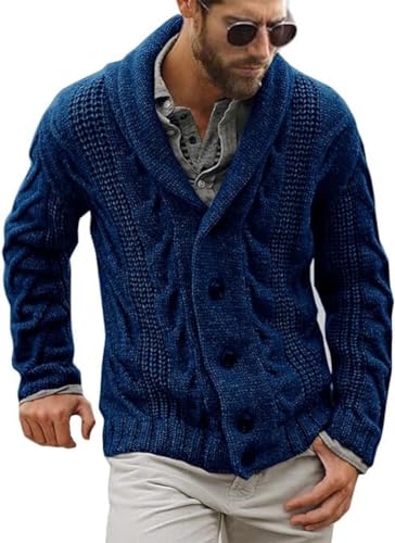 La mejor comparación de Prendas de punto para Hombre al mejor precio. 43 WSLCN - Cárdigan de punto trenzado para hombre, suéter grueso y cálido con botones, Azul, Small