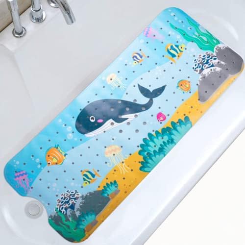 Moocuca Non-slip children's bath mat (100 x 40 cm), Bath mat non-slip kids with sea animal print feature 200 suction cups, baby shower bath non-slip mat, mold-resistant, machine washable (Mermaid)