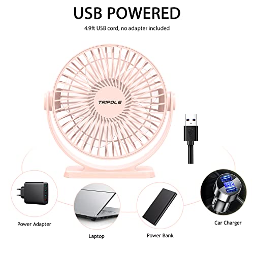 Tripole Mini Desk Fan Usb Powered Portable Fan 3 Speeds Strong Airflow Small Fan 360°Rotation Personal Fan 5.1 Inch Table Fan For Home Office Bedroom Desktop, Pink, 4.9Ft Cable #TOP2