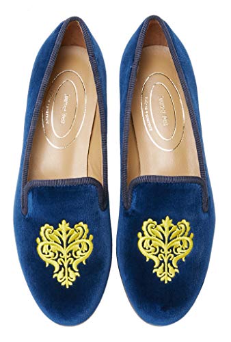 Journey West Women's Velvet Loafer Flat with Embroidery Smoking Slippers Slip on Shoes for Women Vine Navy Blue US 10