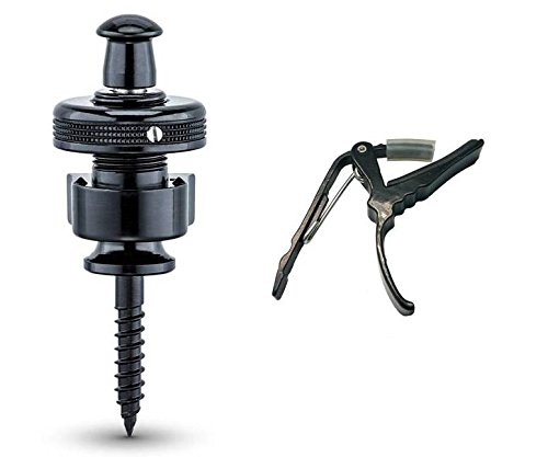 New Model (2018) Schaller Combo Pack S-Locks Straplocks (Black Chrome) & Deluxe Guitar Capo #TOP19