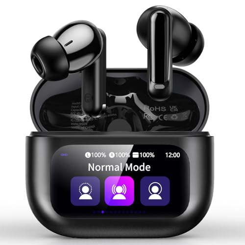 Image of Thunelec Wireless Earbuds with Touch Screen, 2026 New Bluetooth 5.4 Headphones with ANC /ENC Mic, 50H HiFi Stereo Ear Buds with 5 EQ Modes, Transparency Mode, IPX7 Earphones for Running /Fitness, Black