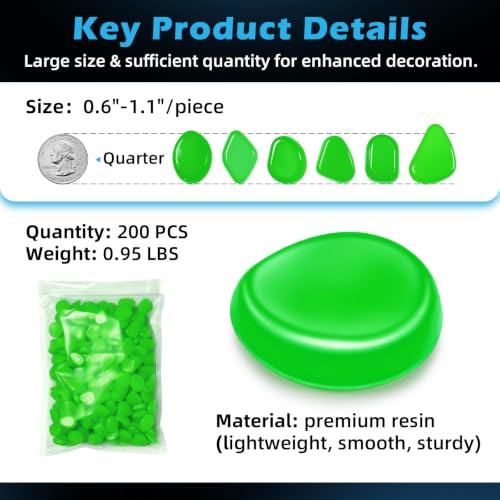 Image of NAMTSO Green Glow in the Dark Rocks Outdoor Garden Decor, 200 pcs, 0.95 lbs | Large 0.6 inch-1.1 inch /pc, Resin Glowing Pebbles, Luminous Stones for Landscaping, Patio, Backyard, Lawn, Aquarium & Fish Tank Decor