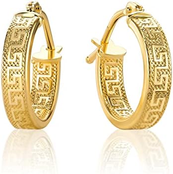 PR141 Small Greek Key Hoop Earrings Yellow Gold 14 Carat/585 Gold (3 mm x 14 mm Diameter) 