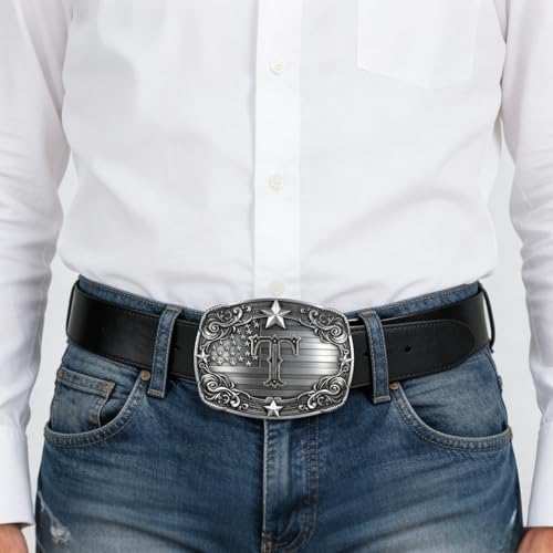 Image of Western Belt Buckle for Men Vintage Cowboy Rodeo Texas Initial Letter ABCDJMR to Z Belt Buckles