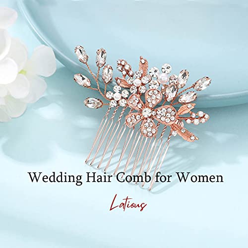 Latious Bride Wedding Hair Comb Flower Bridal Side Comb Crystal Hair Piece Leaf Hair Accessories For Women And Girls (Rose Gold) #TOP2