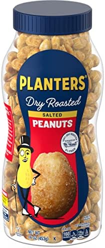 PLANTERS Dry Roasted Peanuts, Plant-Based Protein, Dry Roasted Peanut Snacks, 16 Oz Jar (Pack of 6)