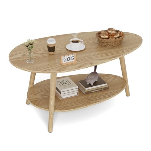 BonVache Table de Thé en Bois Massif, Table de Salon Ovale à Double Niveau, Table Ronde pour Salon, Table Basse, Table d'Appoint, Table à Thé, Couleur...