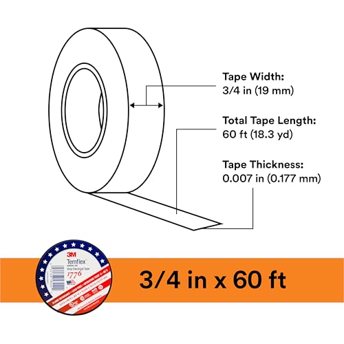 Image of 3M Temflex Vinyl Electrical Tape, 1776, 3 /4 in x 60 ft, Black, 1 Roll (Pack of 2)