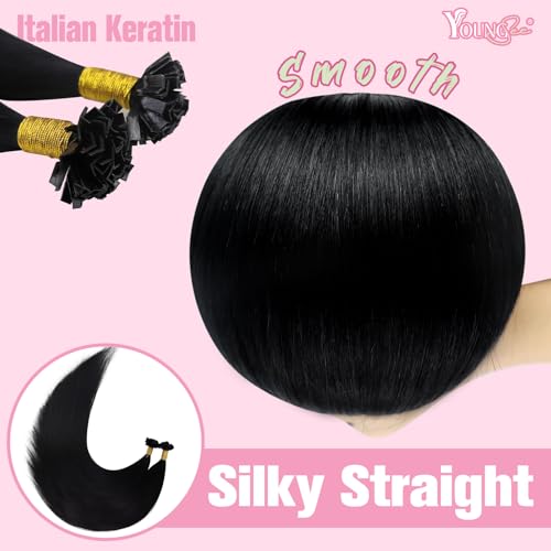 Image of YoungSee Keratin Hair Extensions Ktip Jet Black 20inch Remy Hair Extensions K Tip Jet Black K Tips Hair Extensions Real Human Hair Jet Black Fusion Hair Extensions Human Hair Remy 50s /50g