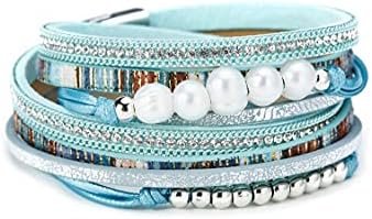 Me its Leather Wrap Bracelet Boho Stackable Cuff Bracelets with Clasp Accessories Jewelry Gifts for Women Teen Girls (Light Blue Leather(Pearl))