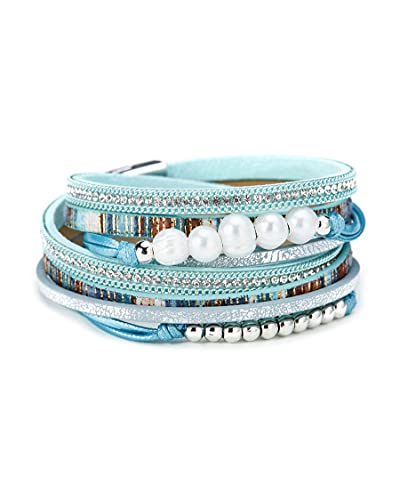 Me Its Leather Wrap Bracelet Boho Stackable Cuff Bracelets With Clasp Accessories Jewelry Gifts For Women Teen Girls (Light Blue Leather(Pearl)) #TOP3