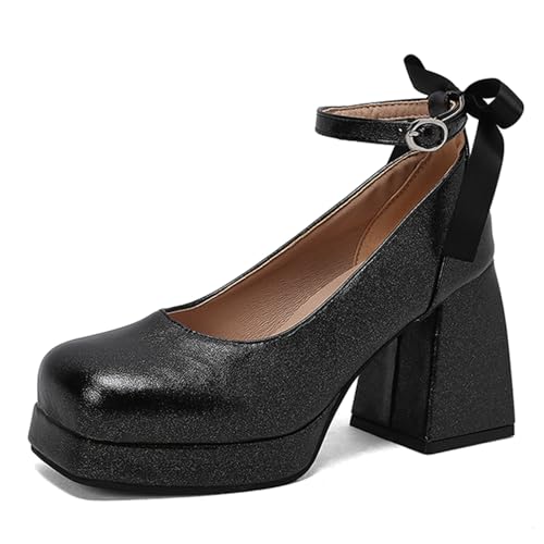Alyaafifa Chunky Heel Ankle Strap Platform Pumps for Women with Bow Closed Square Toe High Heel Dress Shoes Stylish Elegant Party Wedding Prom Evening Event