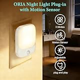 ORIA Lampka nocna z czujnikiem ruchu, 2 sztuki lamp wtykowych, 5 regulowanych jasności, tryb ON/AUTO/OFF, lampka nocna LED do pokoi dziecięcych, sypialni, schodów, kuchni - ciepła biel
