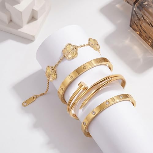 Stackable Gold Bracelets for Women - 4 Sets, 18K Gold Plated Bracelets, Stainless Steel Bangle Bracelets Non-Tarnish, Stylish Gold Jewelry Ensemble, Valentine's Day, Birthday and Christmas Jewelry Gifts — view 5