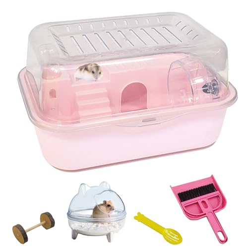 Hamiledyi Dwarf Hamster Cage Clear Plastic Small Hamster Cage Portable Carrier with Water Bottle Exercise Wheel Bathtub Box Set Toy for Dwarf Baby Hamster (Pink)