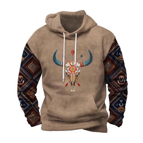 Mens Cowboy Hooded Sweatshirts Long Sleeve Western Tribal Aztec Hoodies Fall Oversized Graphic Print Pullover Tops
