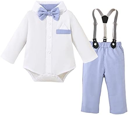 PURSKYY Newborn Boy Gentleman Outfit 6-9 Months Baby Dress Formal Clothes White Shirt+ Bow Ties+ Suspenders+ Light Blue Pants Infant Wedding Suit Set Fall Winter