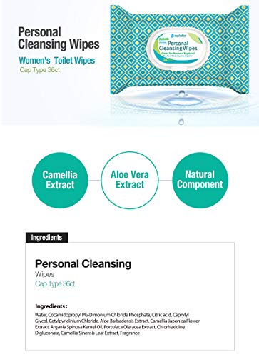 Epielle Personal Cleansing Wipes with Natural Ingredients - Flushable Wet Wipe Tissues Towelettes Travel Size, Daily Use, Gentle - 36ct (Sheets) per pack, Total 2 packs Toilet Paper Replacement Beauty Stocking Stuffers Gift