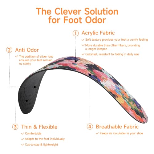 Image of 6 Pair Women No Show Socks Anti-Odor Sockless Shoe Insert Size 9-13 | Thin Shoe Insoles,Breathable,Comfort Barefoot Shoe Liner,Machine Washable,Moisture Control,Cute,Everyday Insole,Floral Print