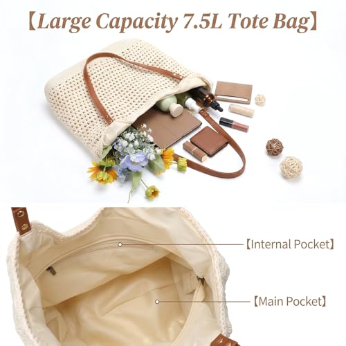 Bolso de playa tejido a ganchillo, bolso tote bohemio para verano, color beige, de algodón tejido, para mujer, ideal para viajes, vacaciones y fiestas (13,8 x 3,9 x 13,8 pulgadas) miniatura 5