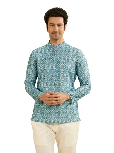Image of Manyavar Men's Cotton Blend Digital Print Short Kurta (1pc)