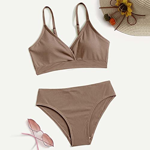 Teen Girls' Swimsuits 2 Piece V-Neck Solid Sport Bikini Set Adjustable Straps High Waist (A-Brown, 12-14 Years)2