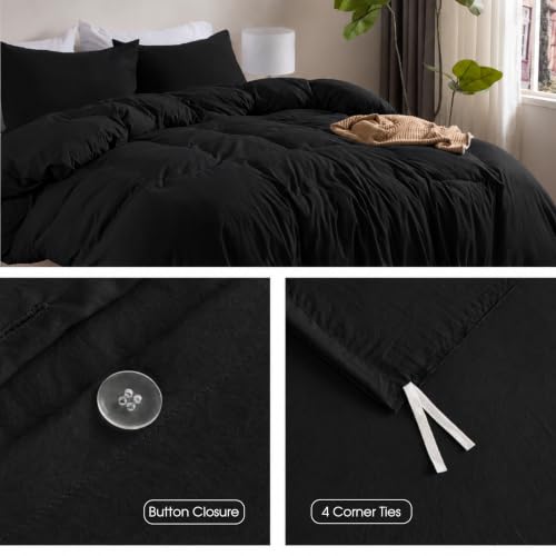 Image of Soft Washed Black Duvet Cover Set Queen Size, 2 Pillow Shams, No Comforter | Prewashed Microfiber, 4 Corner Ties, Button Closure, Ultra Soft, Cotton-Like, All Seasons, Queen Duvet Cover 90x90 in