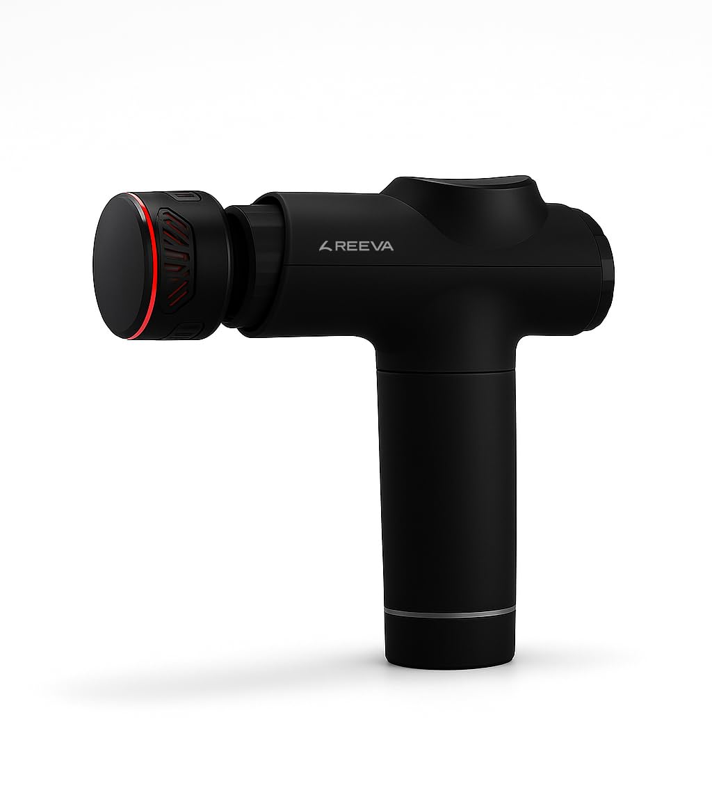 reeva Ember Pro - Pistola de masaje profunda inalámbrica con terapia de calor y frío, 5 velocidades, 5 cabezales de masaje, masajeador con batería para relajación muscular, recuperación y deporte