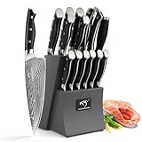NANFANG BROTHERS Damascus Knife Set with Block 15pcs,Damascus Knives Set Damascus Steel, Japanese Professional Kitchen Knife Set with Wood Knife Block Grey