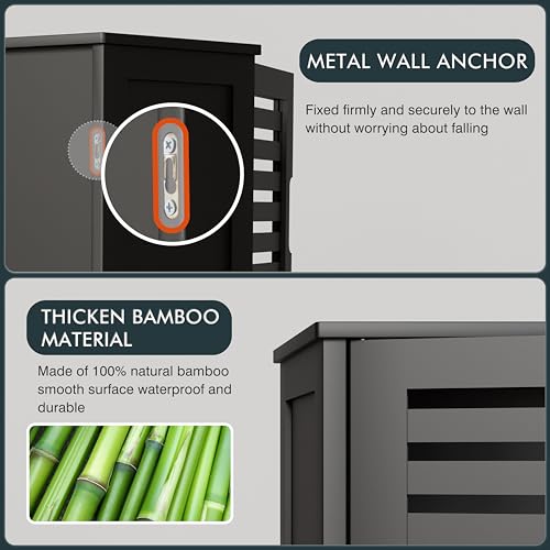 خزانة تخزين حمام سوداء من هيتنت ادوية معلقة مع رف قابل للتعديل منظم موفر للمساحة الخيزران يثبت على الحائط بابين