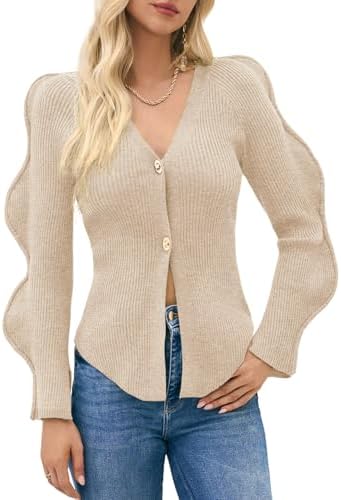 Saodimallsu Womens Button Up Cardigans V Neck Ribbed Knit Fitted Sweaters Long Sleeve Trendy Split Going Out Tops