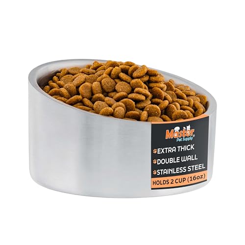 Master Pet Supply Stainless Steel Slanted Dog Cat Food Bowl - 16 oz Heavy Duty - Stainless Steel, Double Wall Insulated, Non-Slip Elevated Bowl for French Bulldogs Pugs Cats, Anti Rust Dishwasher Safe