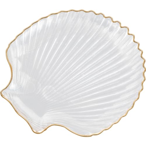SUNNYCLUE Ocean Vetro Gioielli Vassoio Gioielli Piatto Vassoio Porta Gioielli Piatto Trasparente Bordo Dorato Gioielli in Vetro Piatti Conchiglia di Vetro Piatto per Gioielli Anelli Orecchini Collana