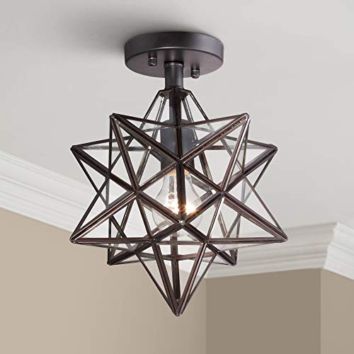 Franklin Iron Works Cuthbert Rustic Farmhouse Ceiling Light Semi Flush-Mount Fixture 11" Wide Black Iron Moravian Star Clear Glass Panels For Bedroom Kitchen Living Room Hallway Dining Bathroom #TOP21