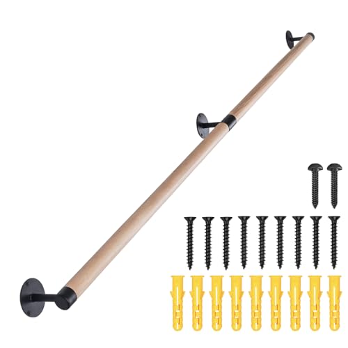 Purife 5 FT Wooden Stairs Handrails Wall Mount- Metal Support Wood Staircase Handrails, Interior Stair Railings, Banister Hand Railing, Outdoor Grab Bars Safety Handle for Elderly