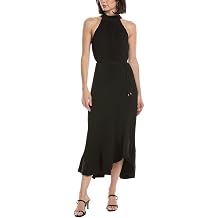 MILLY Black Pleated Halter Midi Sheath Dress