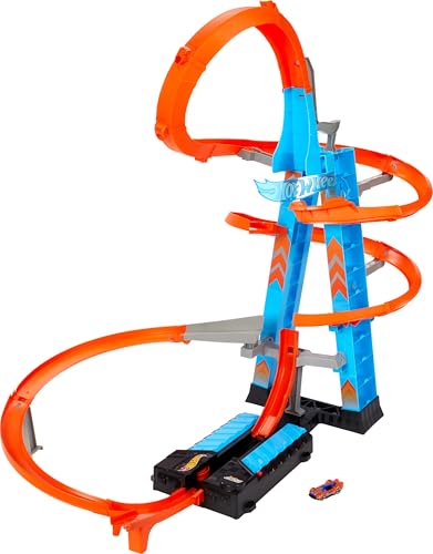 Image of Hot Wheels Sky Crash Tower Track Set, 2.5+ ft / 83 cm High with Motorized Booster, Orange Track & 1 Hot Wheels Vehicle, Race Multiple Cars, Gift for Kids 5 to 10 Years Old & Up
