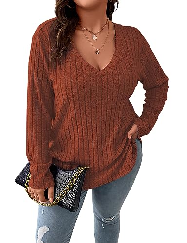 Image of Koscacy Women Plus Size Casual Knit Sweater V Neck Solid Color Tops Lightweight Long Sleeve Blouses