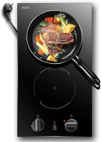 Hobsir Placa Inducción 2 Fuegos con Mando Giratorio, Placa de Cocina de Inducción con Enchufe, Independiente Doble Empotrable de 30 Cm, Control Por Botones, Placa de Cocina Con 2 Fogones