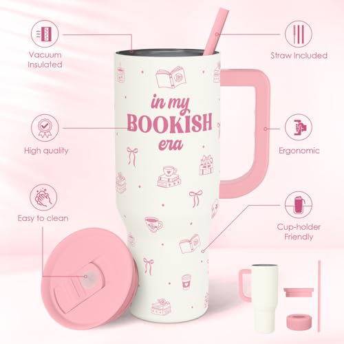 Image of SANDJEST Book Lovers 40oz Tumbler With Handle and Straw, in My Bookish Era Insulated Stainless Steel Travel Coffee Mug for Women Girls Bookworms, Gift Idea for Birthday Christmas Mothers Day