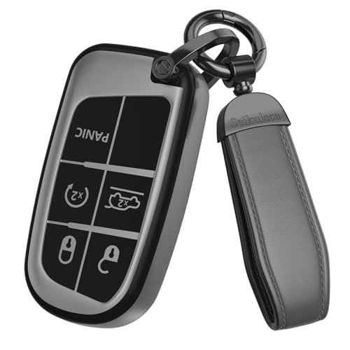 Seikuleca For Jeep Key Fob Cover Accessories- Matte TPU Key Fob Cover with Leather Keychain for Grand Cherokee Renegade Dodge RAM Durango Challenger Chrysler 200 300 Fiat Smart. (Matte Gray Model-1)