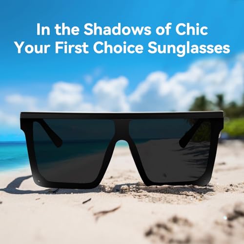 Square Oversized Sunglasses for Women and Men, Fashion Flat Top Black Frame, Large Retro Shades2