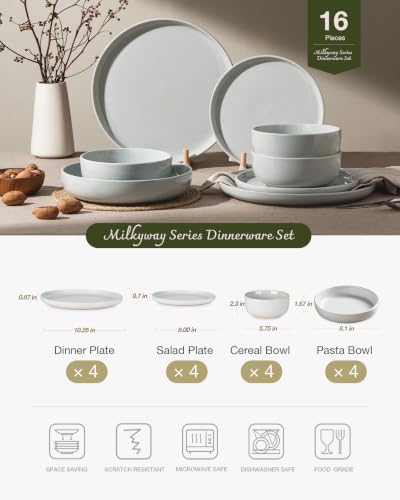 Image of Famiware Milkyway Stoneware Dinnerware Sets with Pasta Bowls, Service for 4 (16 Pieces), Plates and Bowls Sets -Scratch Resistant, Microwave and Dishwasher Safe Dishes Set, Light Gray